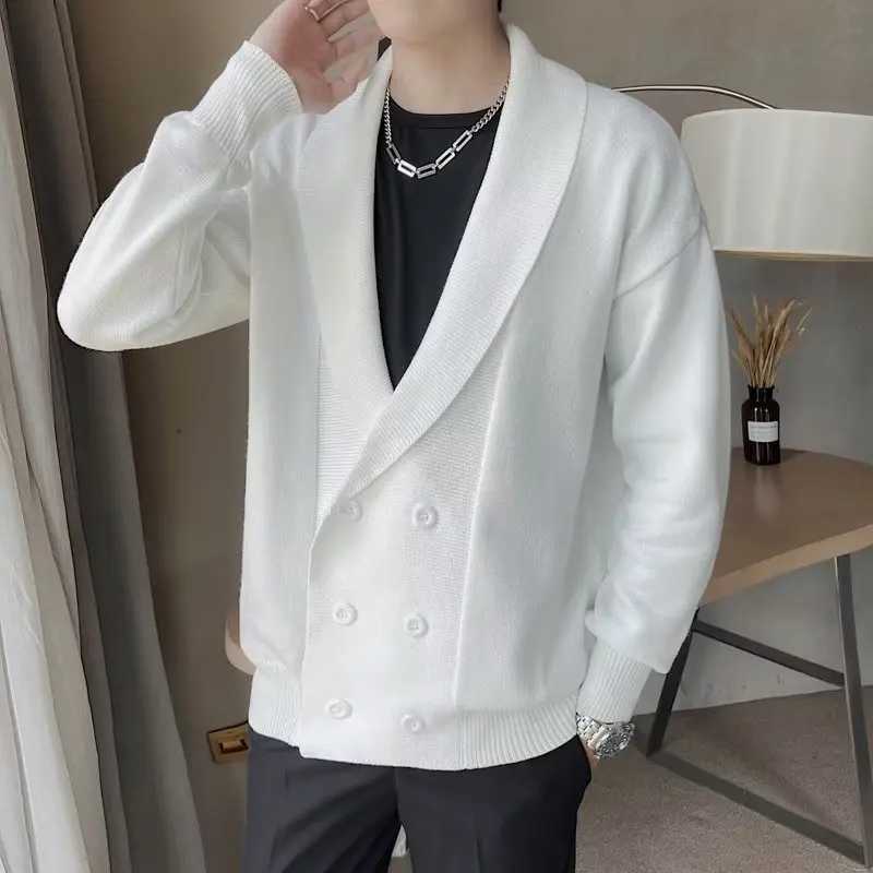 2022 Autumn Sweater Men Vintage Lapel Knitted Cardigan Double Breasted Long Sleeve Knitted Jacket Casual Business Sweatercoat XJ250805