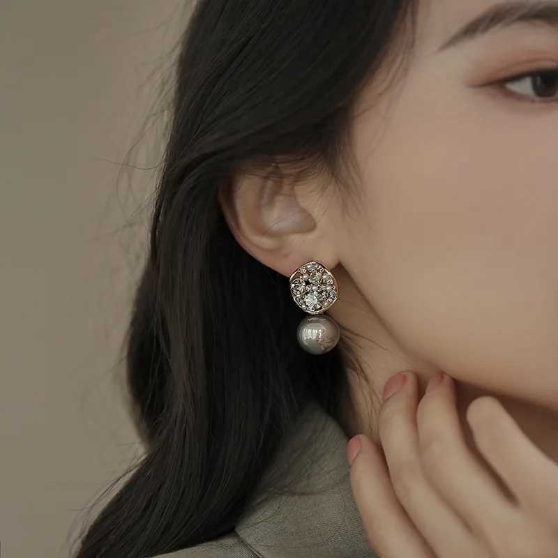 2024 New Arrival South Korea Elegant Gray Crystal Imitation Pearl Dangle Earrings For Women Fashion Sweet Jewelry Accessories Y250804
