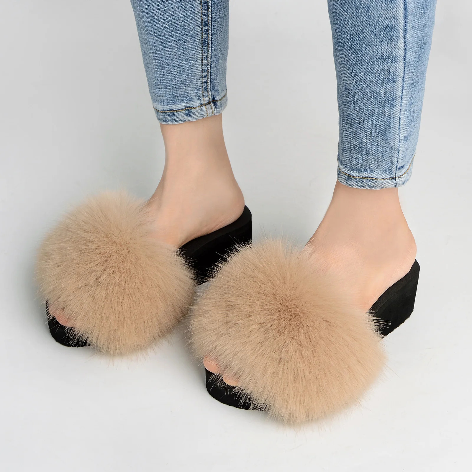 Style WomenS Furry Fur Slippers Fake Fox Fur Fluffy Sandals Summer Non-Slip Open-Toed Indoor Sandals 250814