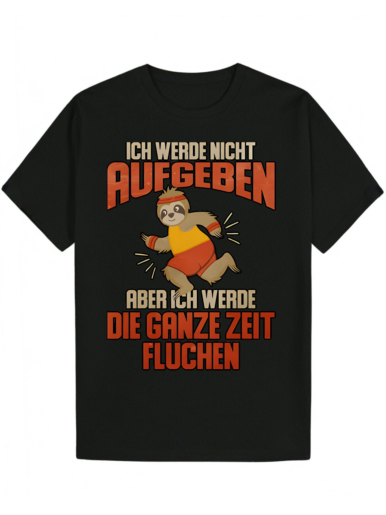 Men's Summer Casual Pattern T-Shirt - Black Loose Round Neck, Featuring Fun Sloth Boxing Design and German Quotes, 100% Polyester, Machine Washab