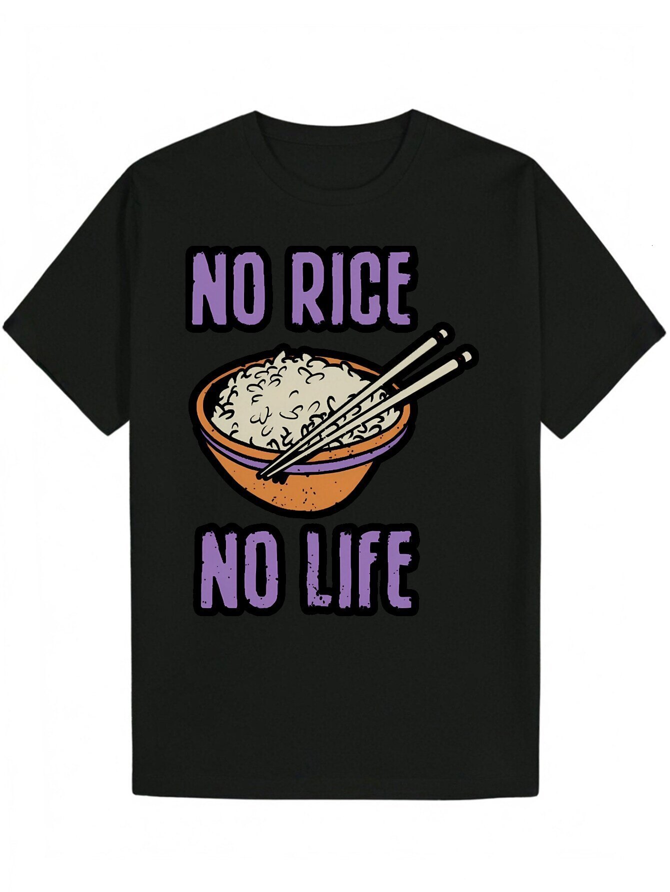 Men's Summer Round Neck Polyester Pattern T-Shirt - "No Rice, No Life" Design, Black, Lightweight, Machine Washable, Fashionable Casual