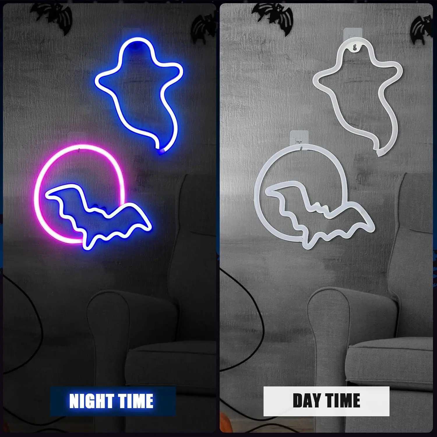 2pcs Ghost Bat Neon Light Scene Atmosphere Light USB/Battery Powered Halloween Party Bedroom Home Decoration XJ250804