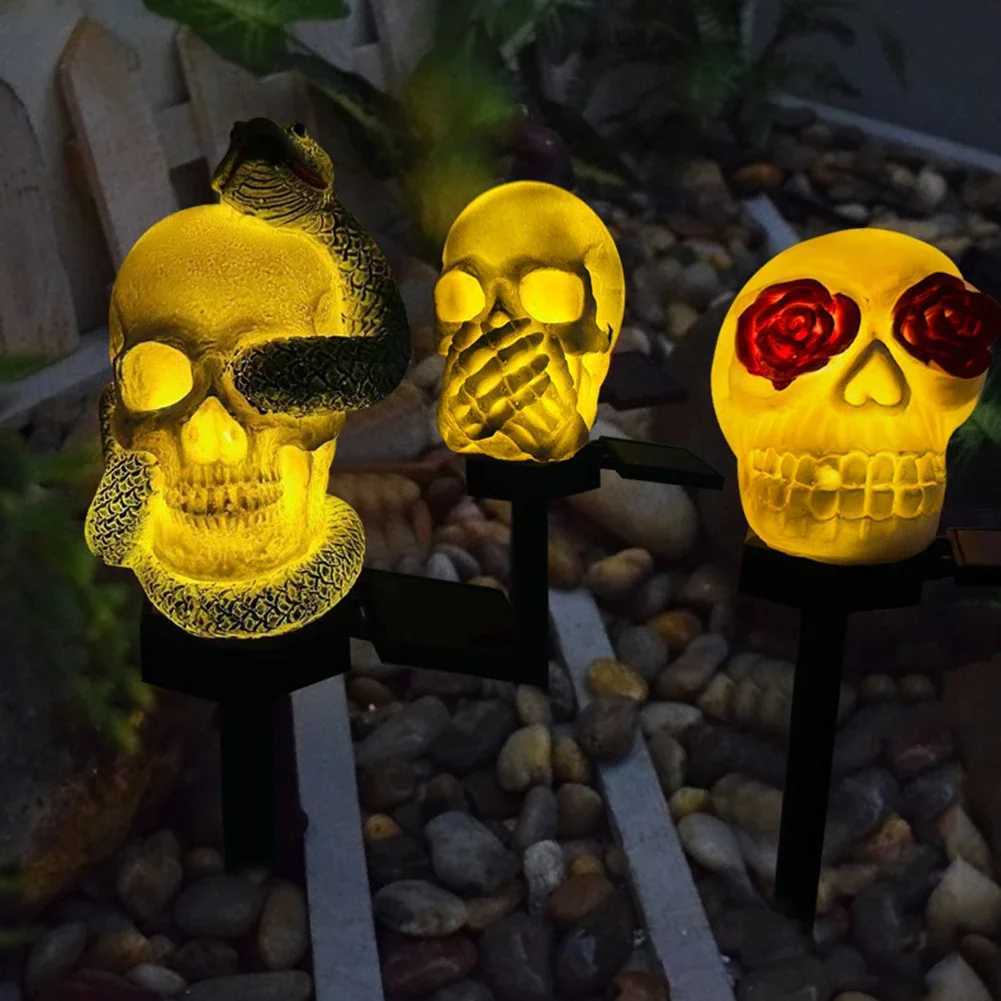 Halloween Skull Head Decor Lawn Lamp Outdoor Garden Yard Solar Powered Pathway Atmosphere Light String Lantern Holiday Party XJ250804