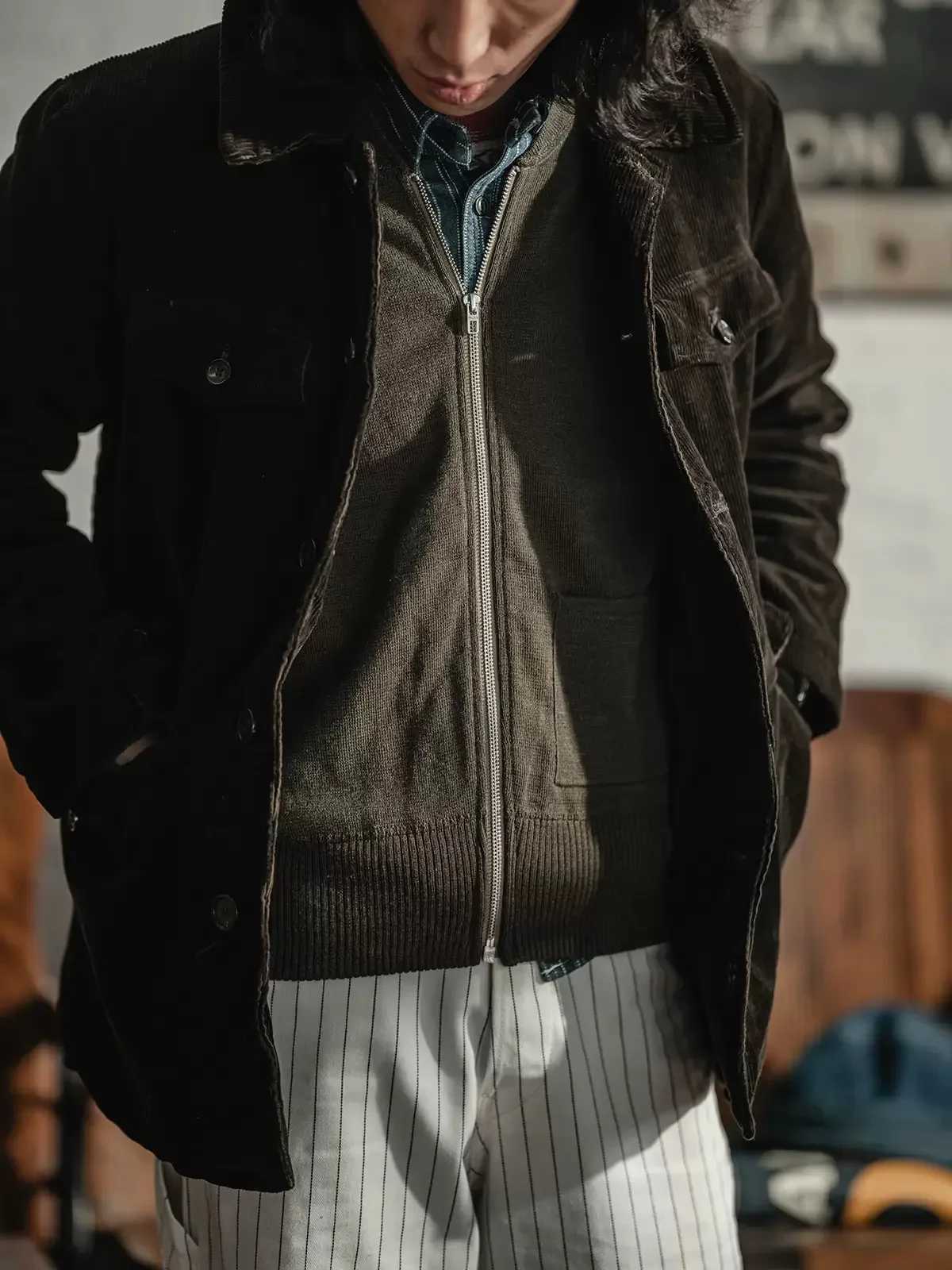 Rugged Bronson WWII USAAF C-2 Flying Sweater Mens Plain Raglan-Sleeve Woolen Cardigan XJ250805