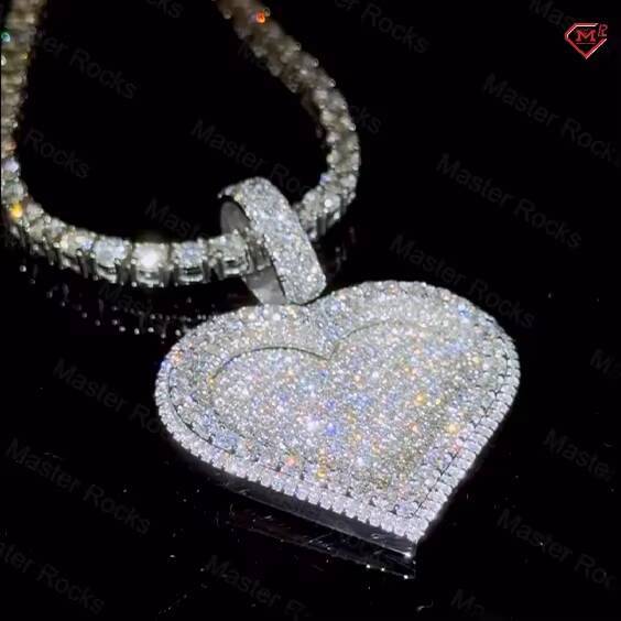 Hiphop Moissanite Pendant Chain Custom Heart Shape 925 Sterling Silver Iced Out Moissanite Diamond Chain Pendant