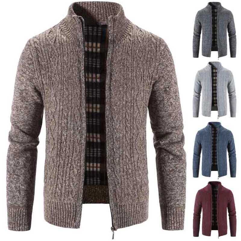 Winter Autumn New Sweater Knit Cable Cardigan Men Business Casual Jacket Zipper Up Solid Color Turn-down Coat Fleece Clothes XJ250805