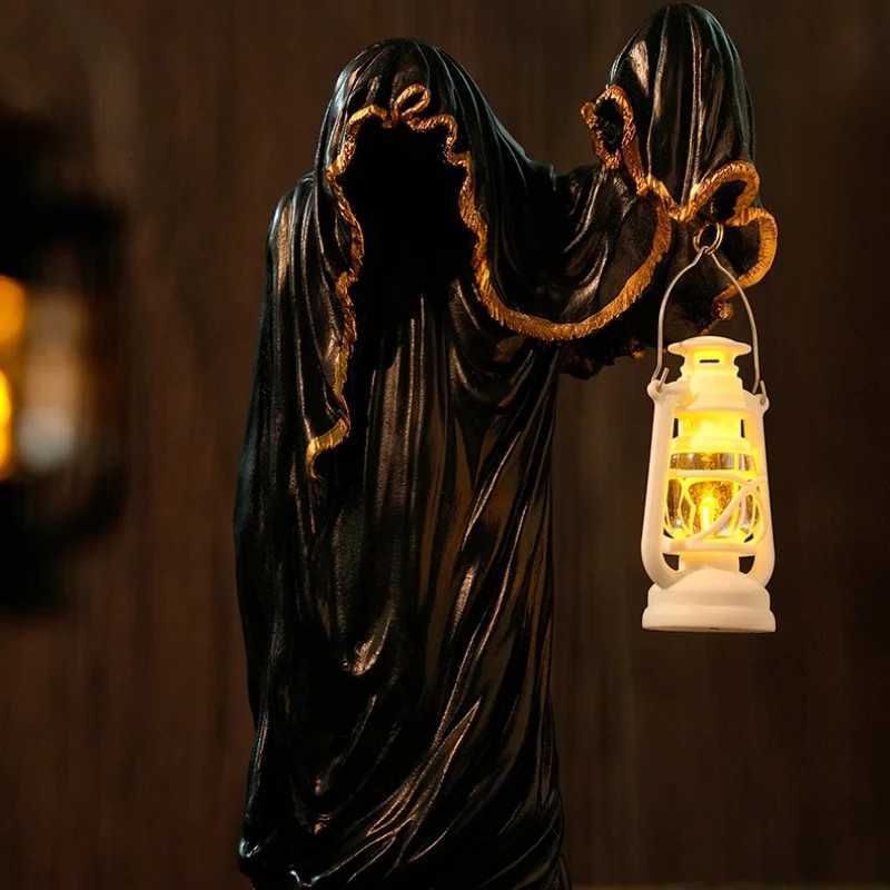 Ghost Wizard Lantern Halloween Sculpture Ornament Day Of The Dead Party Sculpture Ornament Black-Robed Wizard Gift XJ250804
