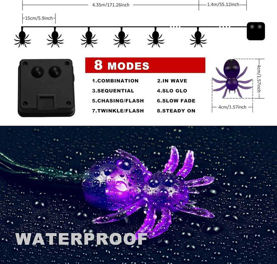 1pc 20/30 LED Halloween Spider Outdoor String Light With 8 Lighting Modes Solar Powered Lamp For Home Garden Yard Halloween Decor XJ250804