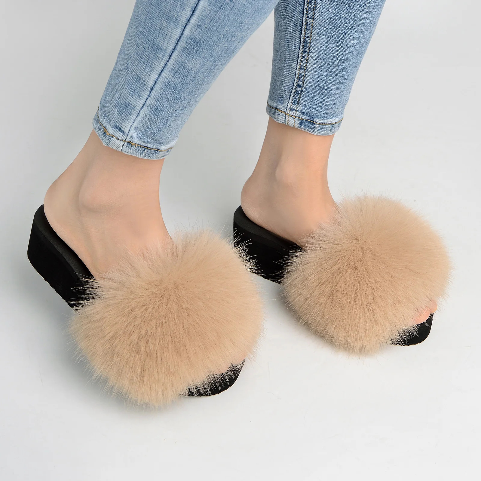 Style WomenS Furry Fur Slippers Fake Fox Fur Fluffy Sandals Summer Non-Slip Open-Toed Indoor Sandals 250814