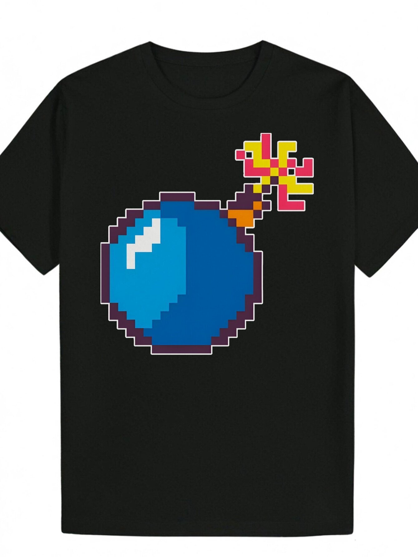 Men's Summer Pattern T-Shirt - Round Neck, Polyester Fiber, Black Pixel Bomb Design with Colorful Explosion Pattern, Lightweight and Breathable, 