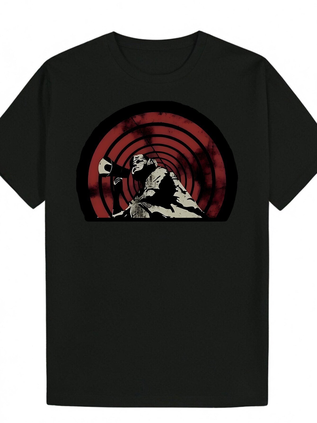 Men's Graphic T-Shirt Black with Red White Illustrations, Short Sleeve, Crew Neck, Polyester - Summer Casual Wear and Unique Gift Idea e3dbf