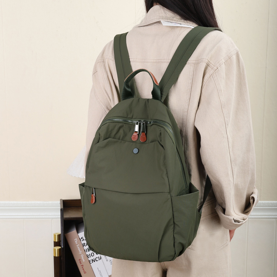 XY5657D01 Men's and Women's Backpack Black Green Waterproof Oxford Cloth With Cowhide Leather Fashionable Multi Pocket Lightweight Commuting