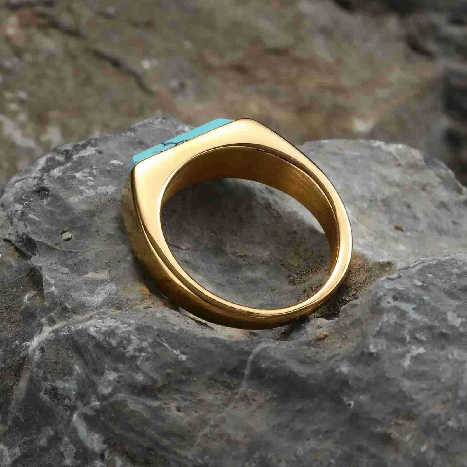 Natural Stone Signet Rings for Men Women Unisex Gold Plated Stainless Steel Finger Band Fraternal Ring Gift M250805
