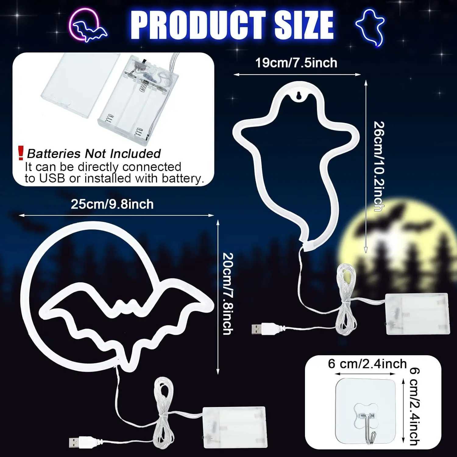 2pcs Ghost Bat Neon Light Scene Atmosphere Light USB/Battery Powered Halloween Party Bedroom Home Decoration XJ250804