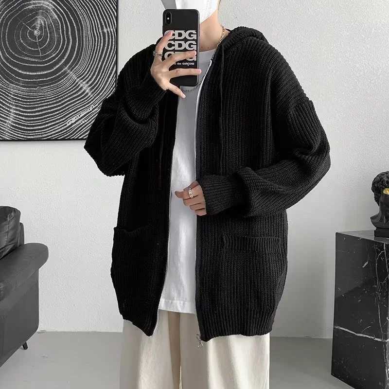 2025 Solid Color Hoodies Cardigan Jackets For Men Autumn Y2K Vintage Streetwear Knitted Sweater Korean Fashion Knitwears Coat XJ250805