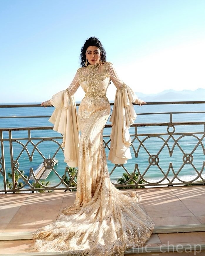 Mermaid Champagne Evening Dresses Lace Crystals Beaded Retro Prom Formal Party Second Birthday Engagement Gowns Plus Size Dress For Special Occasions