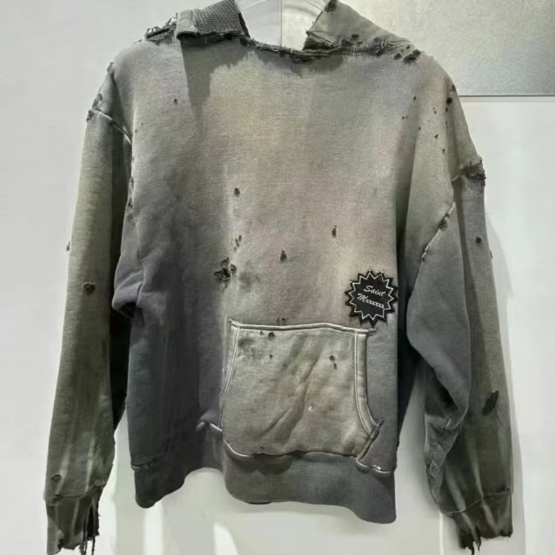 Hole Damaged hole distressed printed hooded sweatshirt Men Women High Quality Pullover