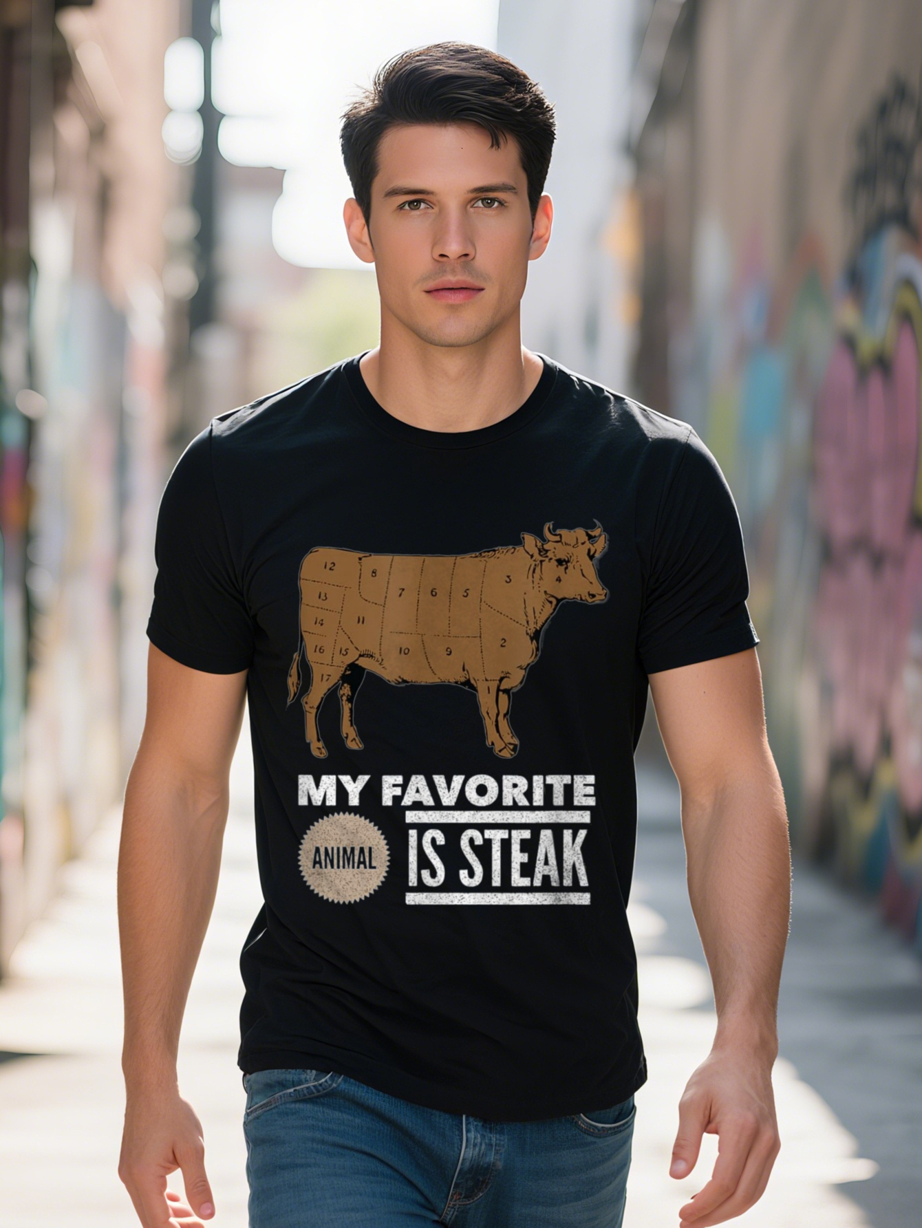 220g 100% Cotton Men - Funny My Favorite Animal is Graphic T-Shirt for Meat Lovers, Black Short Sleeve Shirt with Cartoon Cow & Steak Design, Machine 