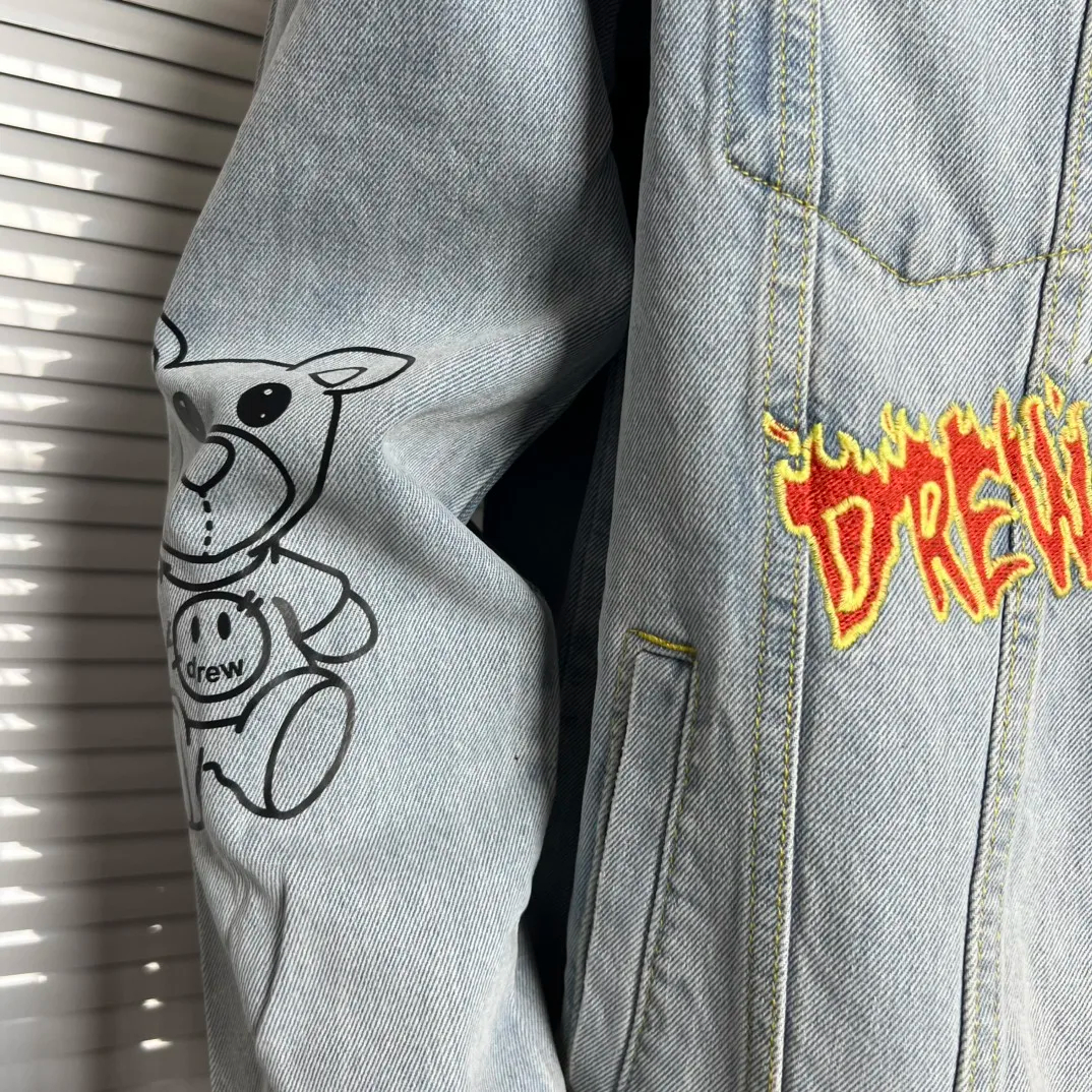 Drew House Smiling Printing logo Men's Clothing autumn and winter designer niche American retro print loose denim jacket Coats