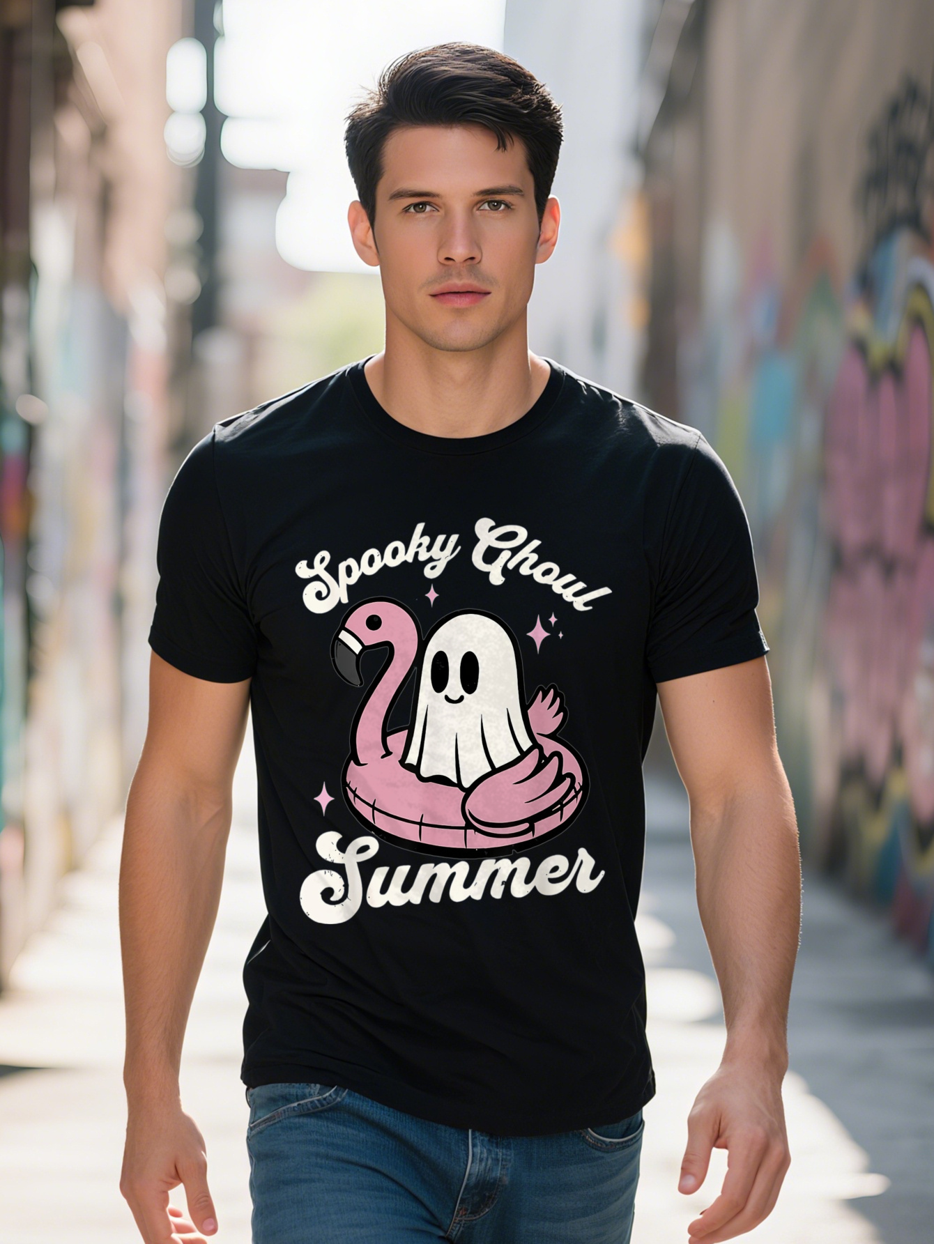 Weird Ghoul Cute Ghost Flamingo Summer Atmosphere Beach Men's T-Shirt caf1d