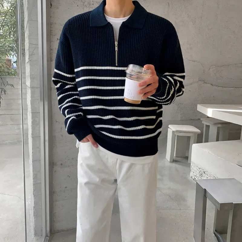 Autumn Korean Mens Light Style Lapel Long Sleeve Sweater Fashion High-end Loose Retro Casual Half Zip Striped Sweater Top XJ250805