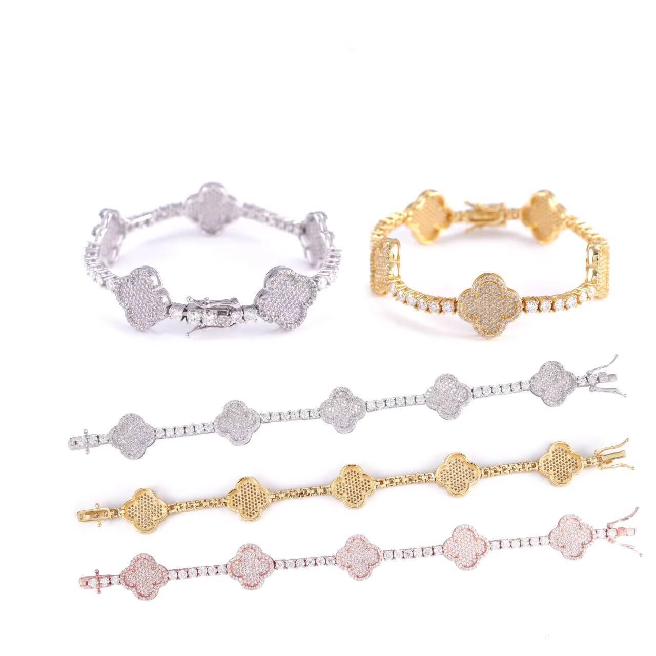 18K Gold Plated Four Leaf Clover Tennis Chain Bracelet Hip Hop Style VVS Moissanite Diamond Tennis Bracelet for Women and Men