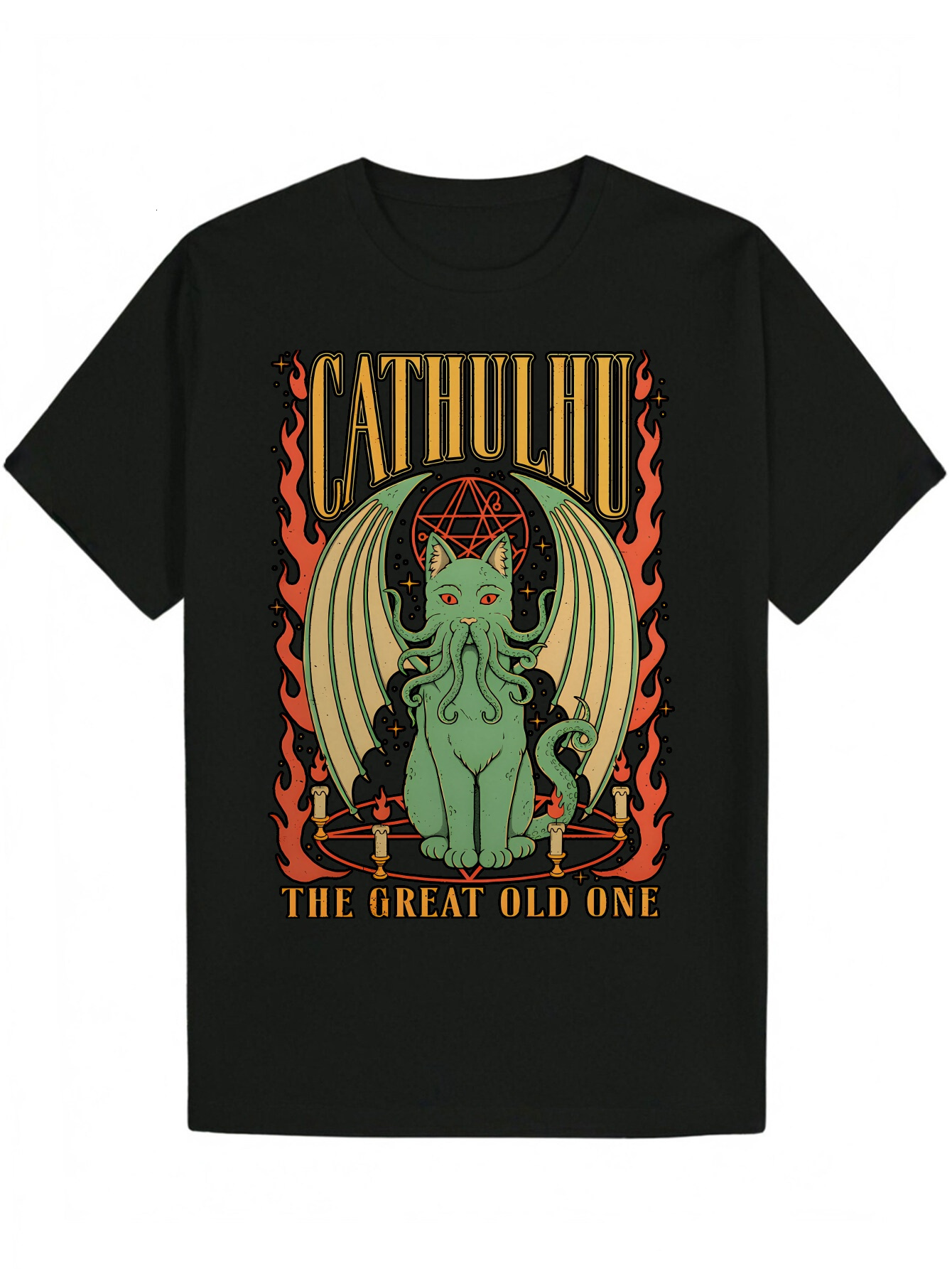 Men's Black Designed by Cathulhu&The Great Old One - Red-Eyed Green Cat, Pentagram and Flame, Summer Casual Polyester Crew Neck T-Shirt, Gothic T
