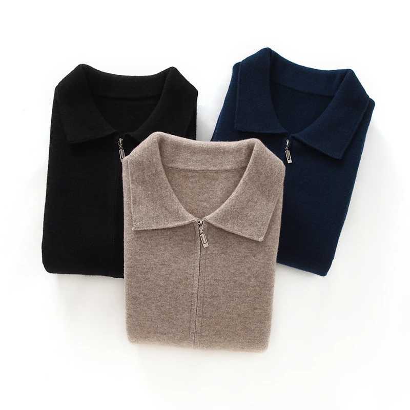 100% Merino Wool Thickened Sweater Polo Collar Business Zippered Cardigan Autumn Winter New Cashmere Jacket Knitted Top XJ250805