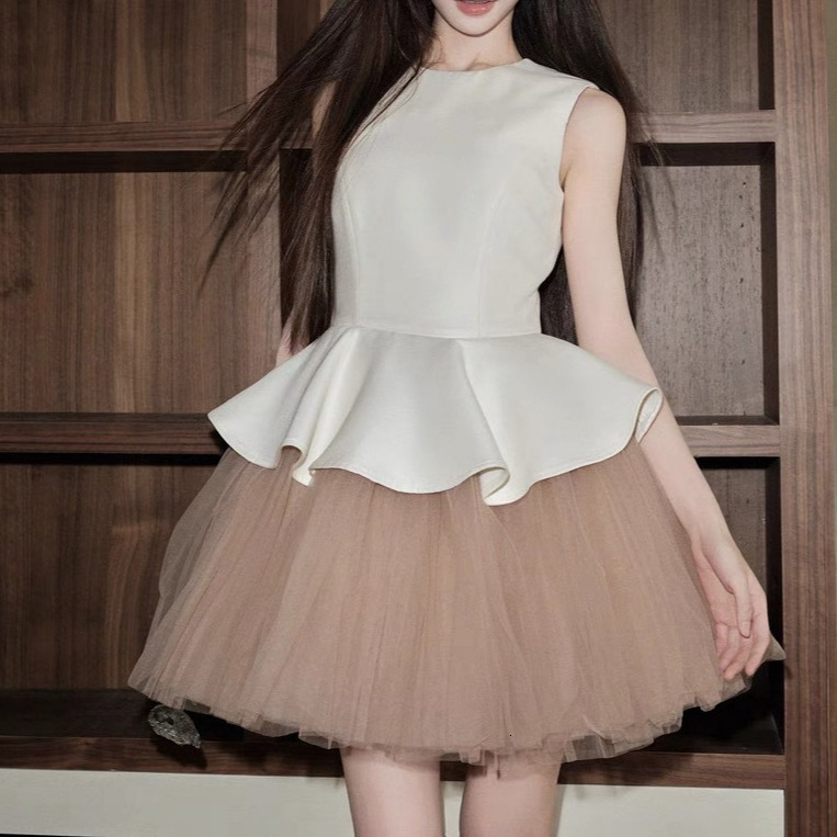 2025 Summer New Women's S Dress trend Ballet Style Sleeveless Round Neck Patch Mesh Puff Dress Women's Summer New Designer Dress