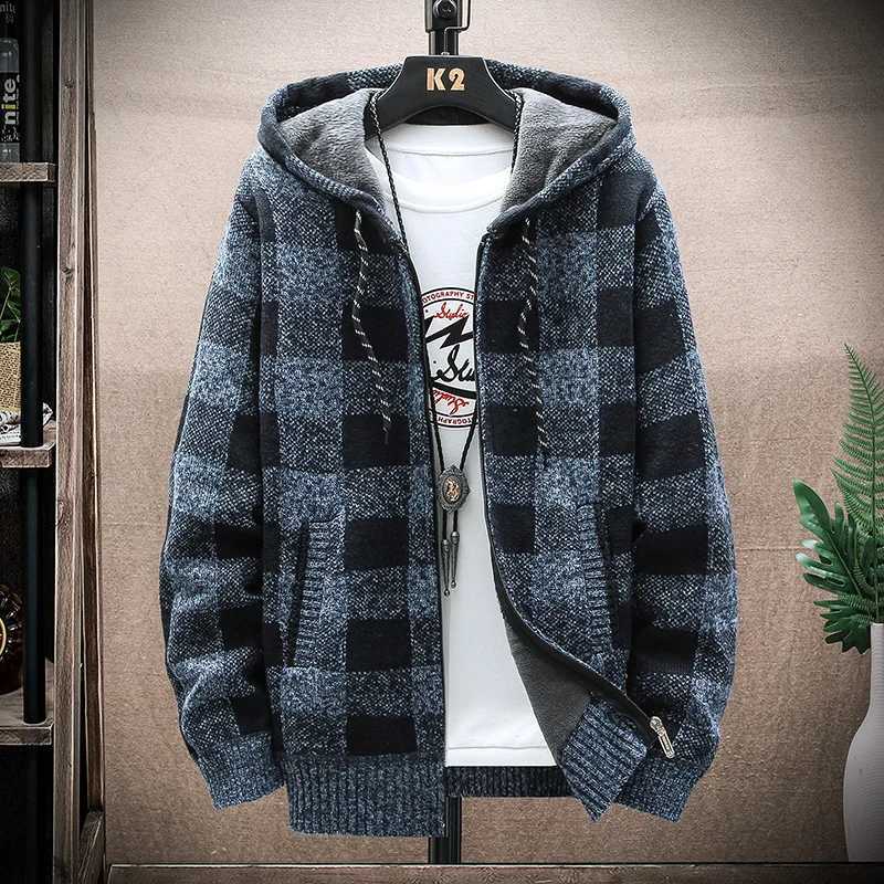 Mens Plaid Sweater Hooded 2024 New Winter Cardigan Coat Wool Zipper Jacket Autumn Fleece Warm Clothes Checkered Knit Jumper XJ250805