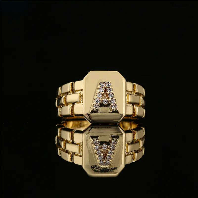 trendy gold color initial ring for women girl aaa cubic zirconia az watchband square letter open female jewelry gift