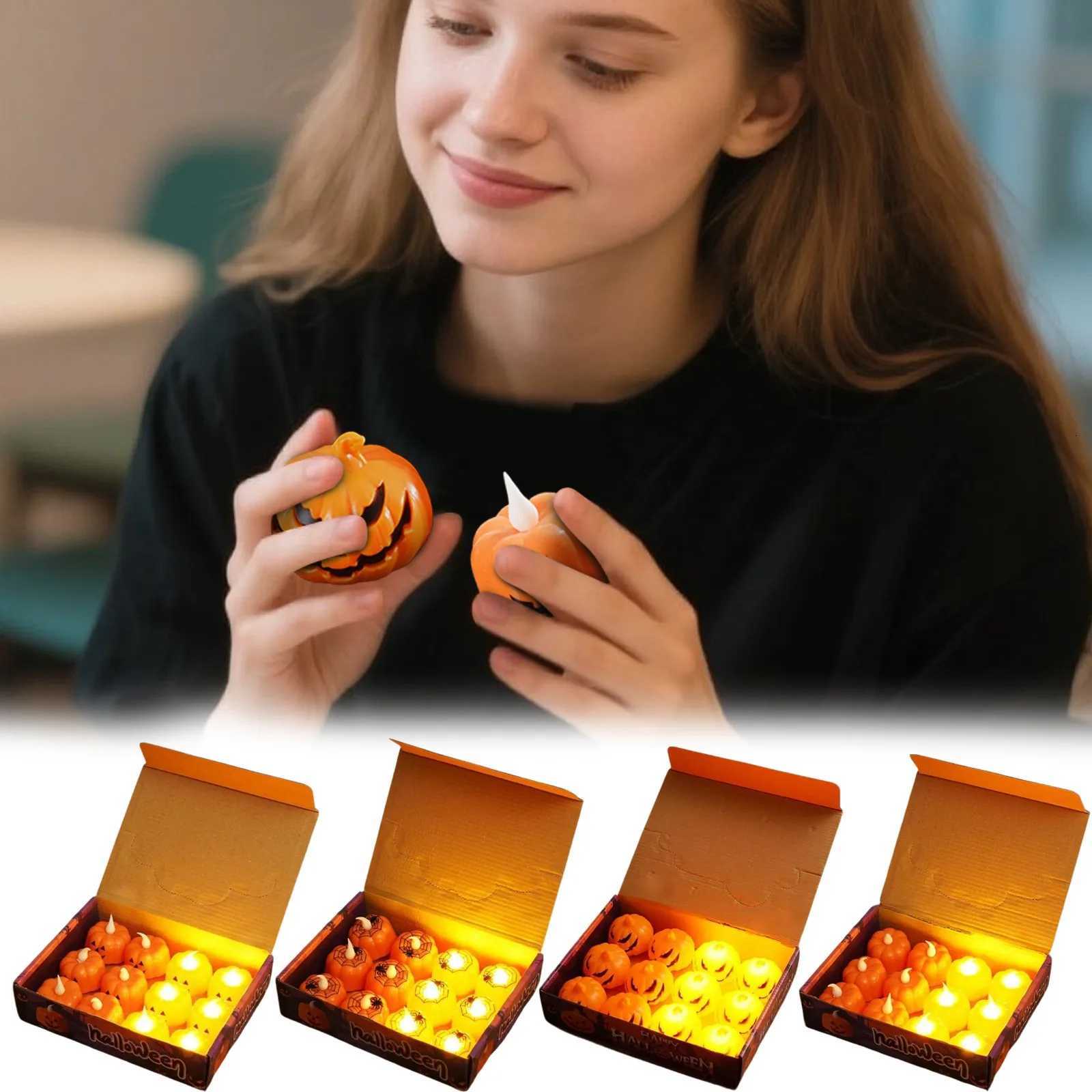 12pcs Electronic Candles Halloween Pumpkin Lamp Ornaments Decor Festival Party Scene Setting Jack-O-Lantern Props Accessories XJ250804