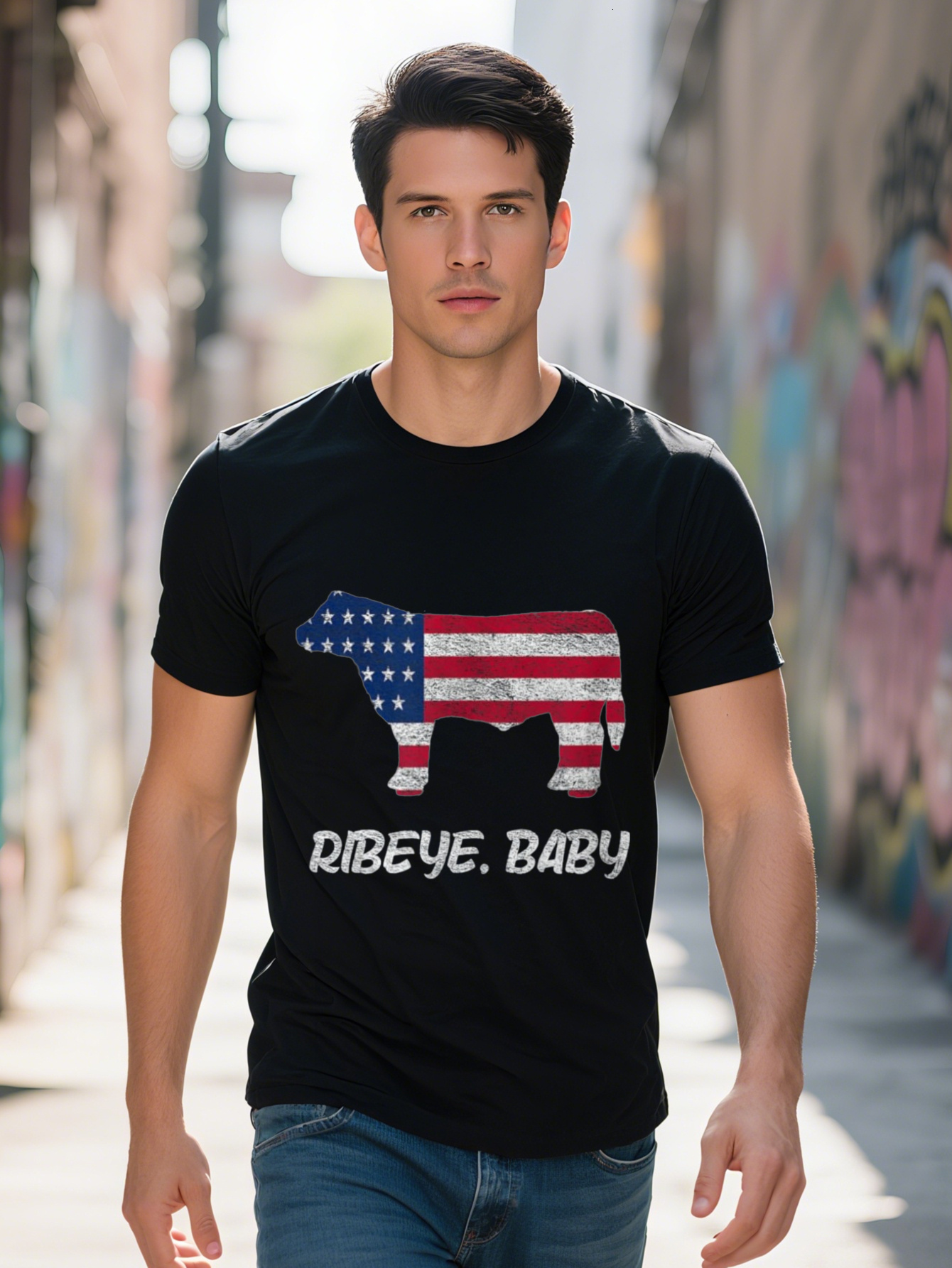 Men's 220g 100% Cotton T-Shirt - Fun Rib Eye Baby American Flag Steak Design, Black Short Sleeve Round Neck Casual Clothing, Humorous Graphic T-S