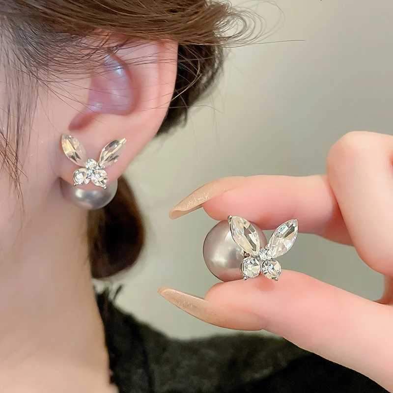 Rhinestone Butterfly Pearl Double-sided Stud Earrings Simple Temperament Earrings for Women Design Light Luxury Sparkling Jewelry Y250804