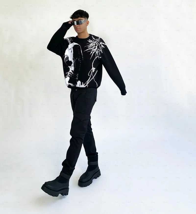 2K Knitted Sweater Graphic Mens Sweaters Top Vintage Loose Distressed Pullovers Casual Harajuku Autumn Womens Cotton Knitwear XJ250805