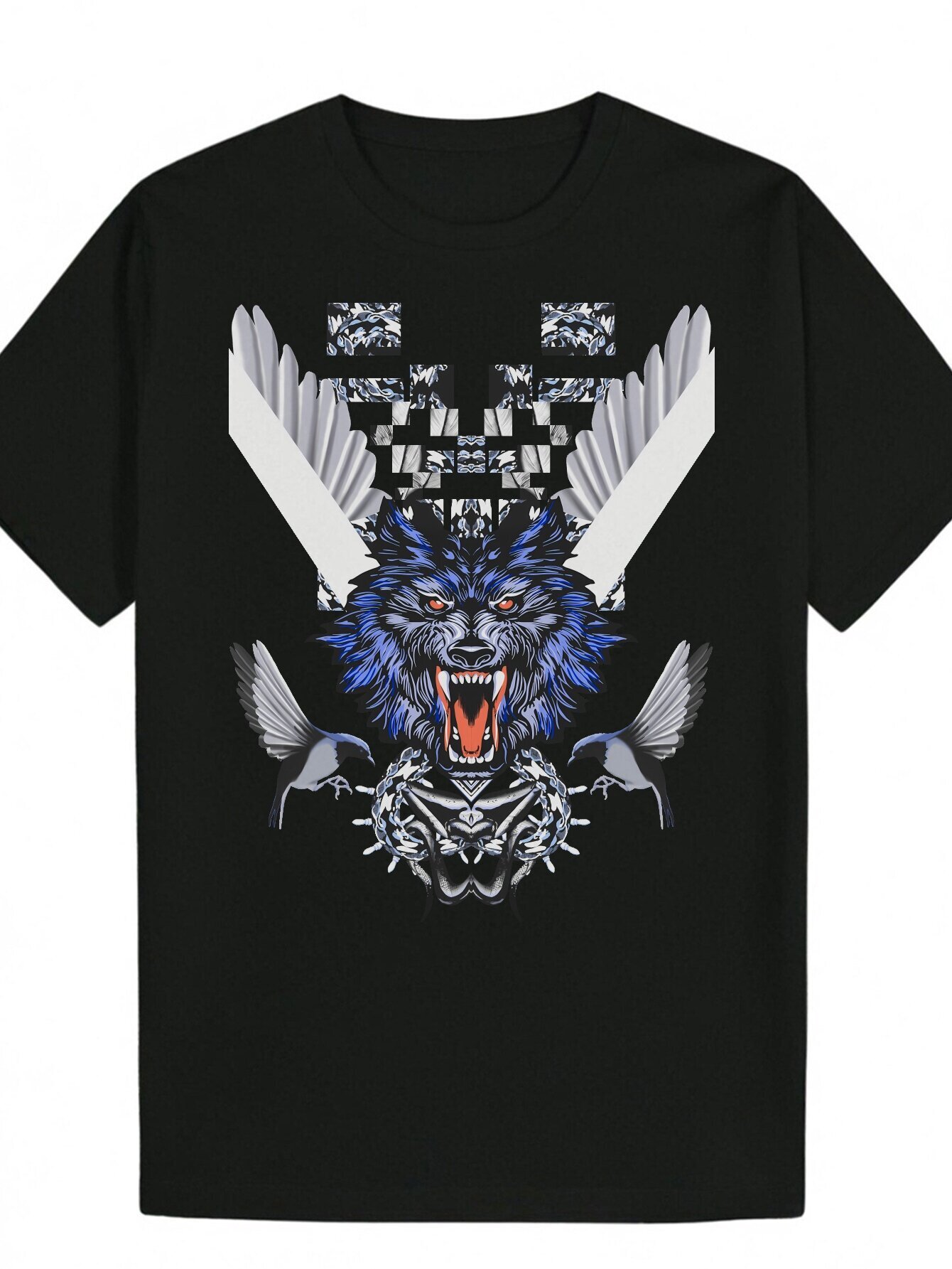 Men's Summer Round Neck Polyester Pattern - Black with Blue White Wolf Pattern, Short Sleeve, Lightweight and Breathable, Suitable for Casual Wea
