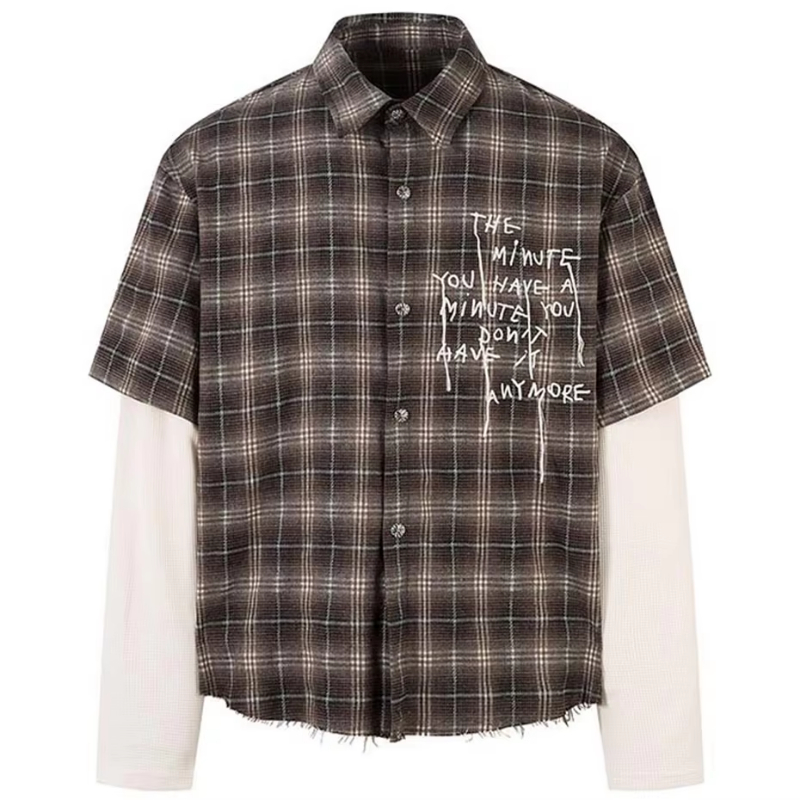 Vintage Plaid Shirts Fake Two Piece Loose Long Sleeve Shirts Button Up Blouse Streetwear Harajuku Hip Hop Shirts