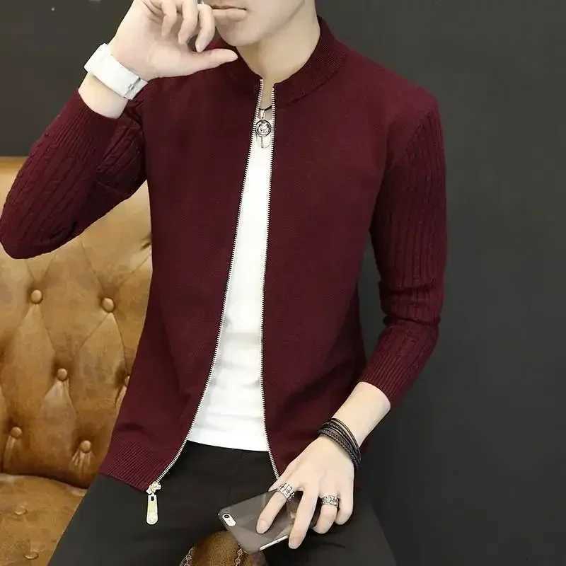 Knit Sweater Men Solid Color No Hoodie Collared Mens Clothing Zip-up Cardigan Zipper Plain Stylish Hot Casual Neck Cotton A XJ250805