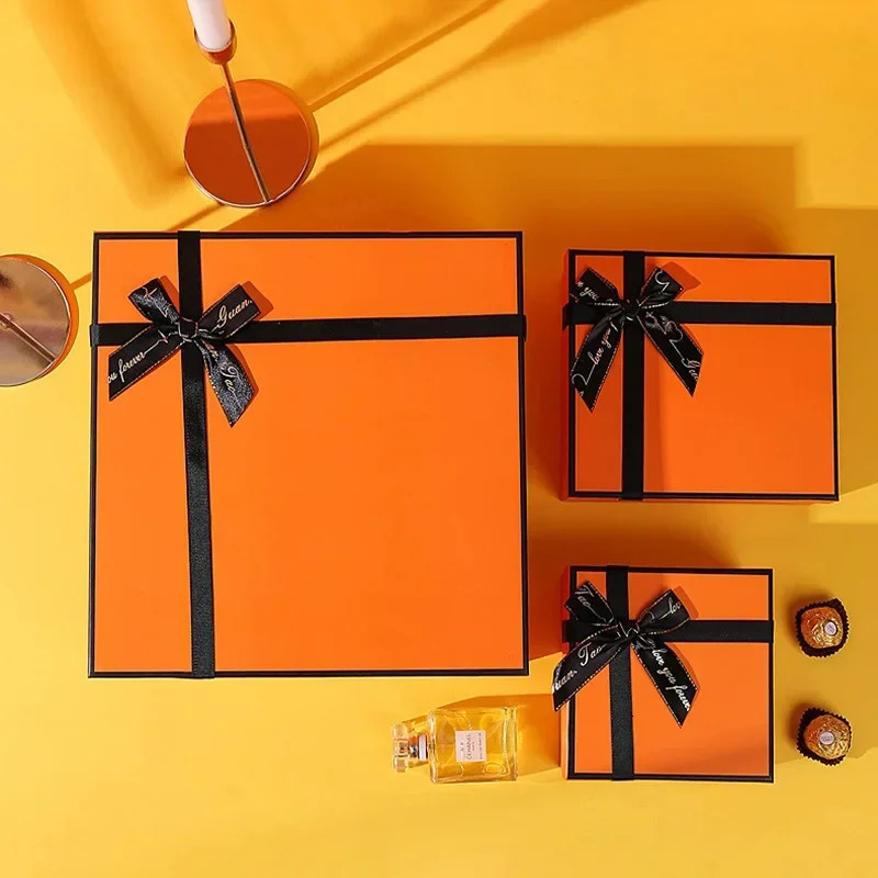 Luxury High End Orange Gift Box with Bow Grass Card Cardboard Box Wedding Party Gift Chocolate Candy Packaging Multi Size Boxes Bag 250805