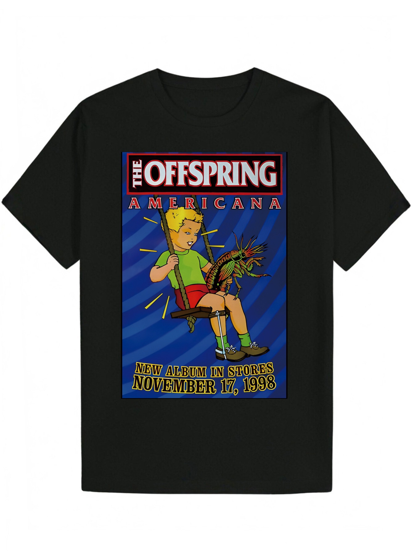 Men's 1988 Album Cover Graphic The Offspring Red and Blue Design on Black T-Shirt Lightweight Breathable Polyester Summer Shirt, Suitable for Con