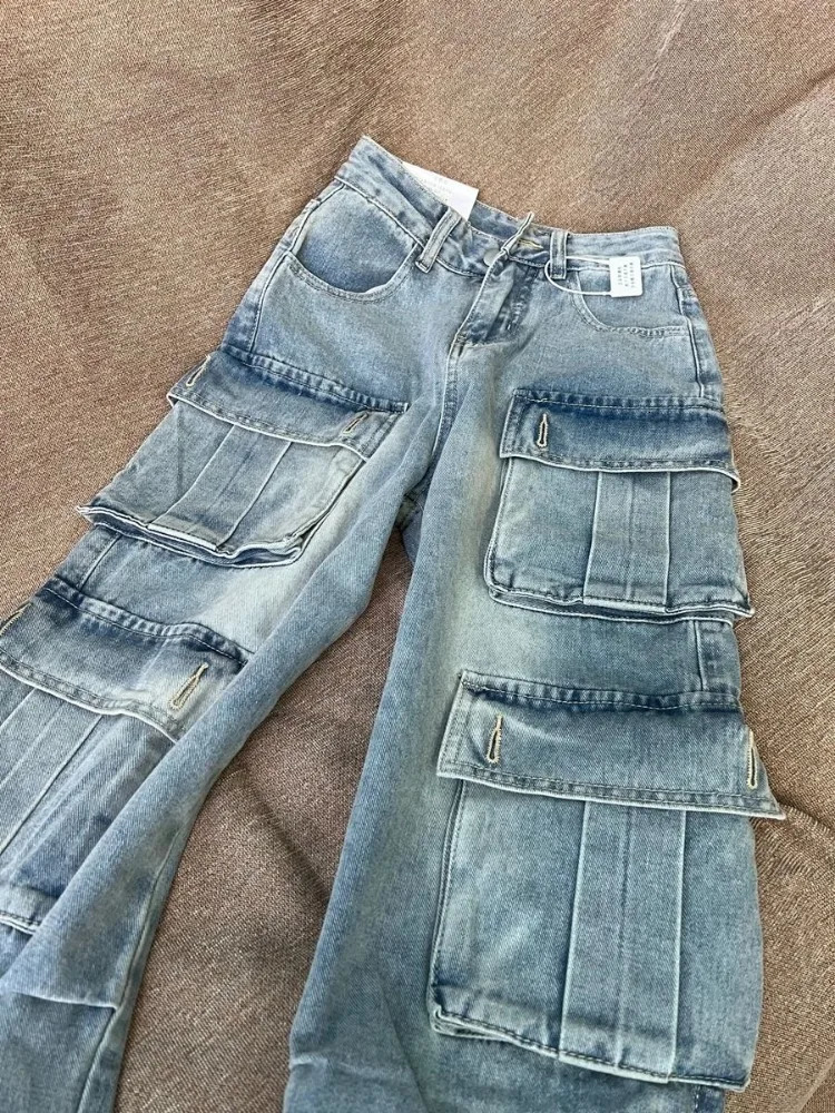 American Retro Multi Pocket Jeans for Women Y2k Oversize Strt Straight Trousers High Waist Loose Wide Leg Pants Z260313