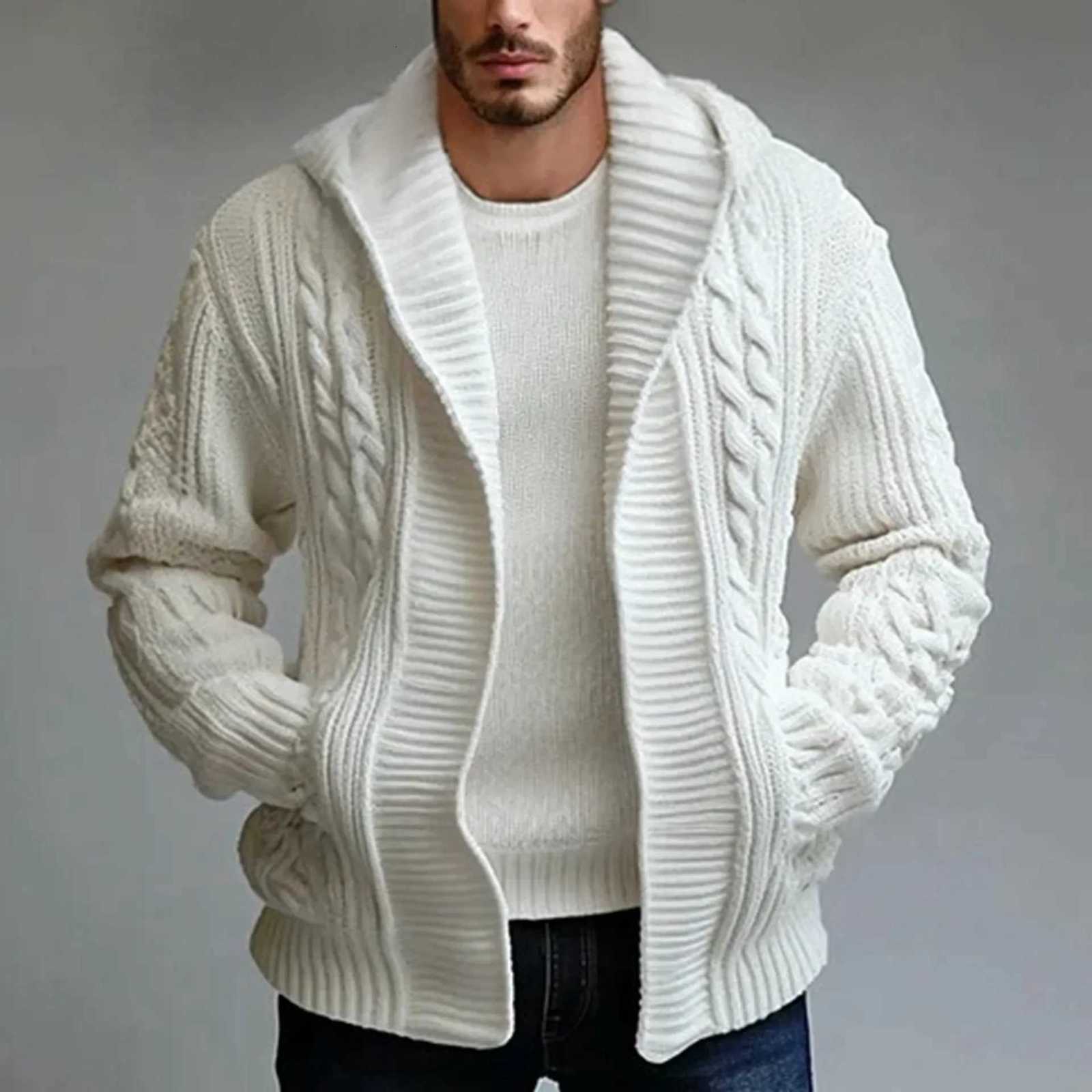 Men Cardigan Sweaters Hooded Coat Full Sleeve Solid Coats Casual Loose Outerwear Splice Open Stitch Autumn Winter 2024 XJ250805