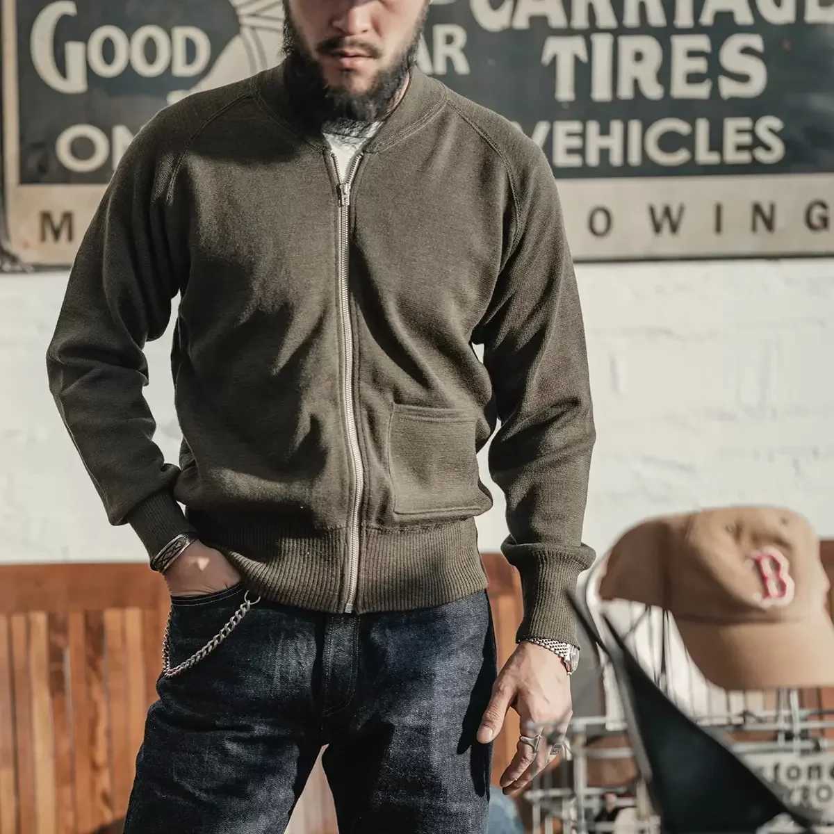 Rugged Bronson WWII USAAF C-2 Flying Sweater Mens Plain Raglan-Sleeve Woolen Cardigan XJ250805