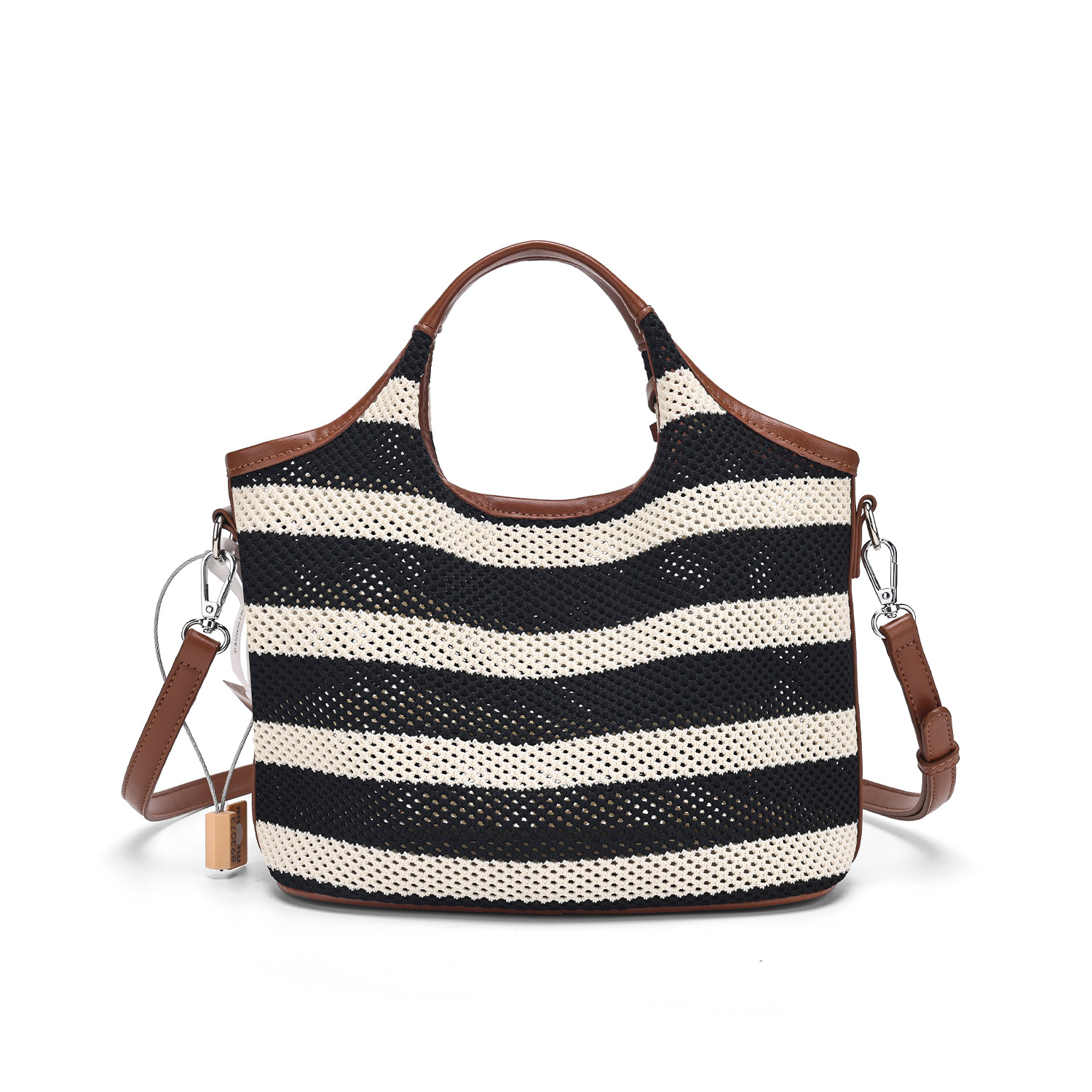 Black White Striped Tote 2025 New Style Large-Capacity Casual Hollowed-Out Beach Versatile Hand-Held Single-Shoulder And Crossbody Bag