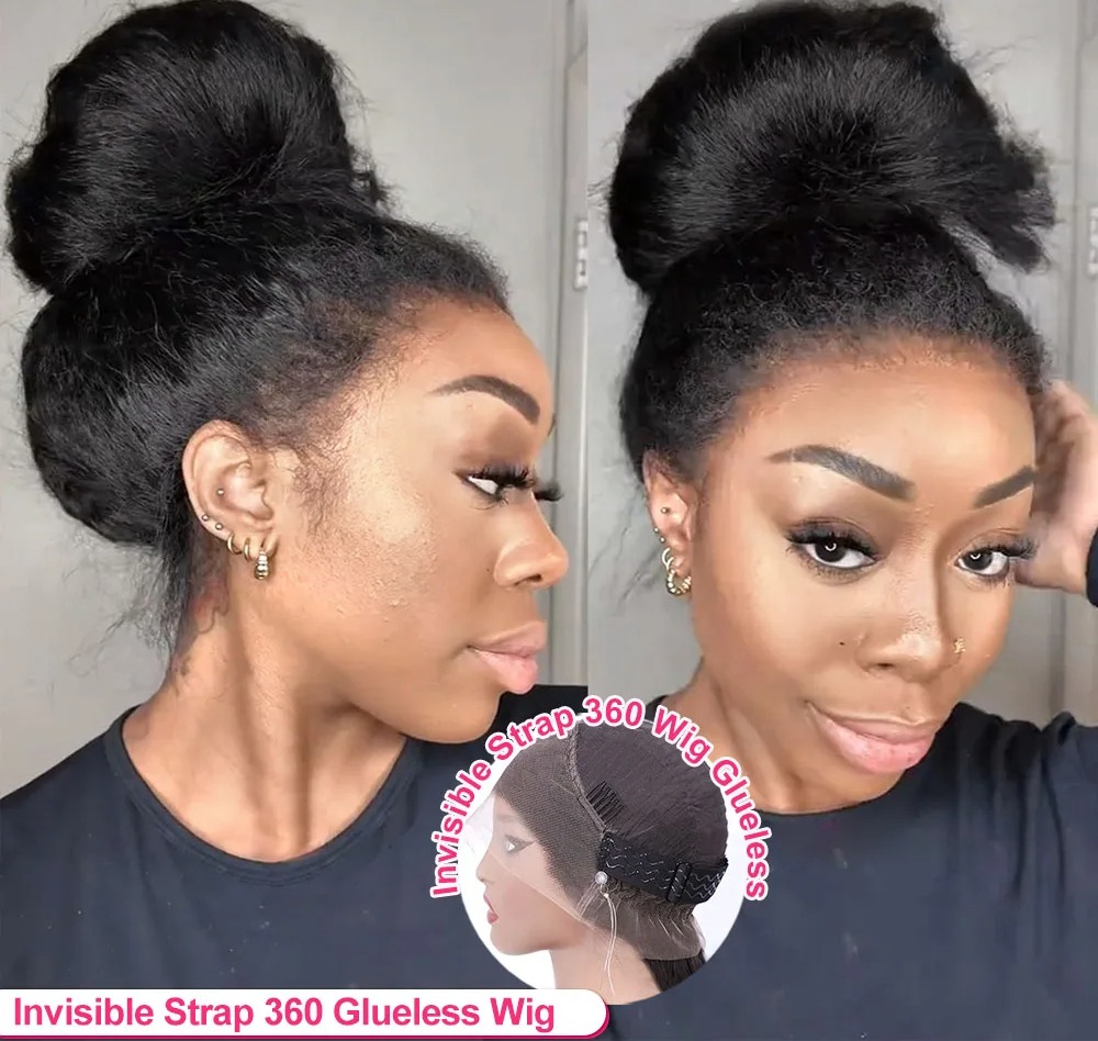 250 Density Invisi Strap 360 Full Lace Glueless Wig Invisible Drawstring Lace Frontal Wig Kinky Straight Lace Front Synthetic Human Hair