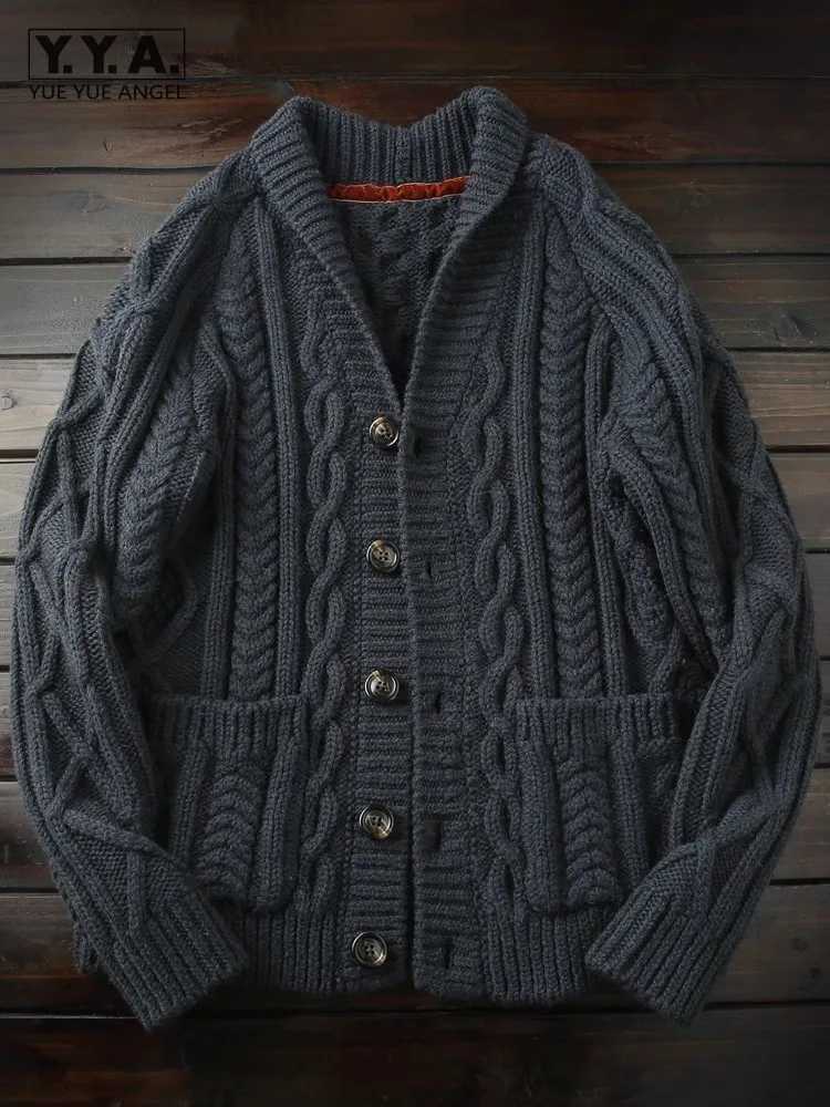 Mens Winter Italian Style Wool Sweater Thick Warm Single Breasted V-Neck Knitted Cardigan Long Sleeve Casual Vintage Knitwear XJ250805