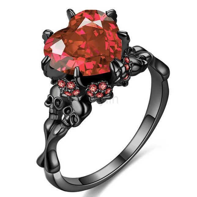 Skull Gothic Black Ring Heart-shaped Red Crystal Vampire Double Skull Rings Black for Women Party Wedding Jewelry M250805