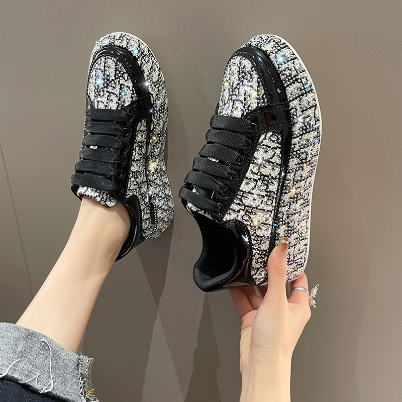 Women Casual Rhinestone Shoes Handmade Diamond Inlaid Fashion Board Shoes Trend Versatile Thick Soled Party Sports Shoes Water Diamond Graffiti Luxury