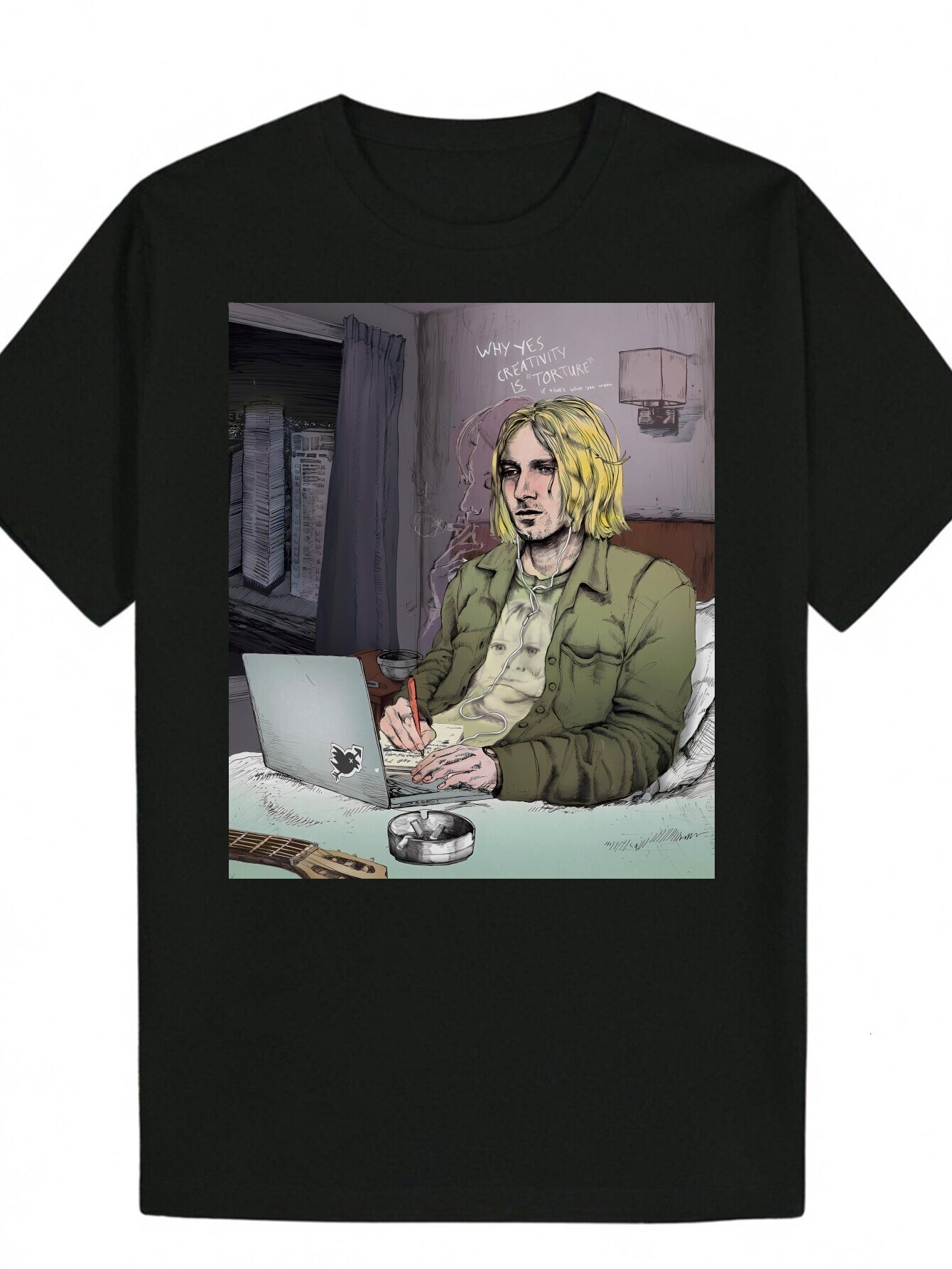 Men's Summer Pattern T-Shirt - Round Neck, Polyester Fiber, Loose Fit, Black, Features Complex Illustration of a Young Man with Yellow Hair and G