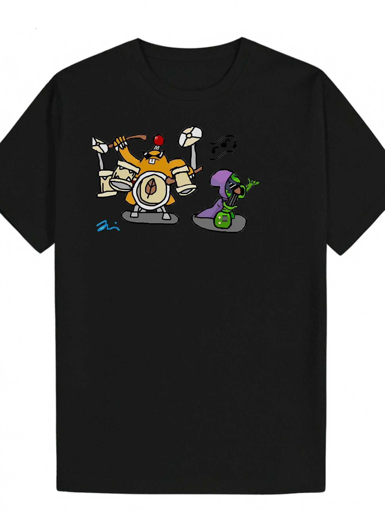 Men's - Black Polyester Round Neck, Cartoon Robot Witch Hat Design, and Breathable, Suitable Casual Wear, Summer T-Shirt Whimsical Design | Light